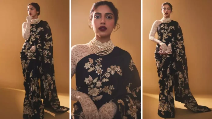 Bhumi Pednekar Stuns in Black Sari with Intricate Parsi Gara Embroidery