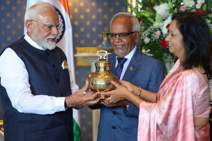 Prime Minister Narendra Modi with Mauritius President Dharambeer Gokhool and First Lady Vrinda Gokhool in Port Louis, Mauritius