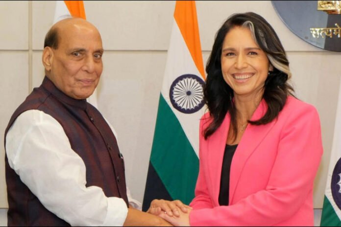 Defence Minister Rajnath Singh with US Director of National Intelligence Tulsi Gabbard.