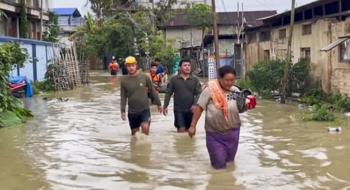 Houses submerged in floodwaters in Manipur