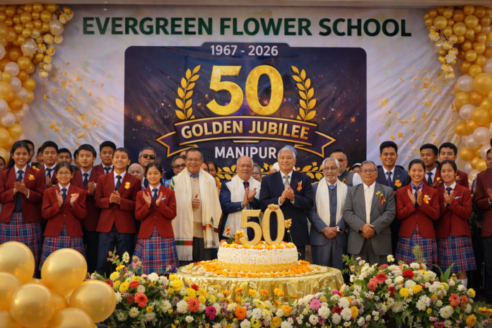 Students performing traditional Lanthang Thanghai dance at Evergreen Flower School golden jubilee celebration in Thoubal Manipur