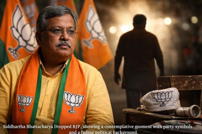 Siddhartha Bhattacharya Dropped BJP, showing a contemplative moment with party symbols and a fading political background