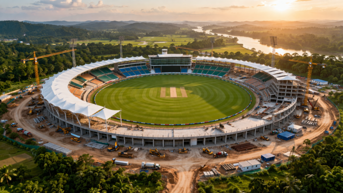 Cricket stadium under construction at sunset Construction of Tripura’s first international cricket stadium nearing completion for BCCI and international matches