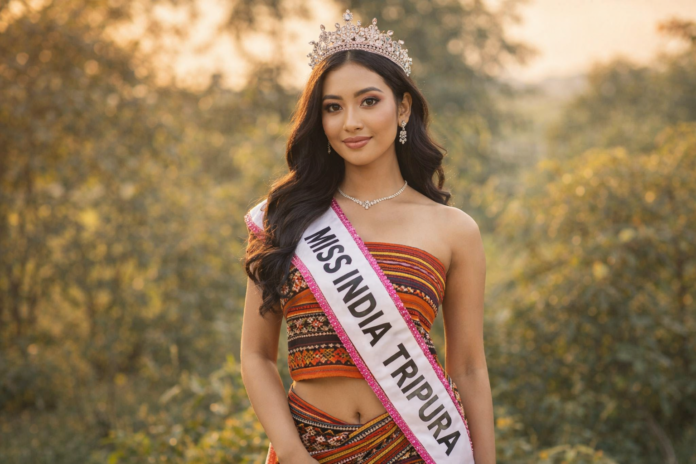 Miss India Tripura in golden light Shreeya Debbarma representing Tripura at the 61st Femina Miss India 2026 pageant
