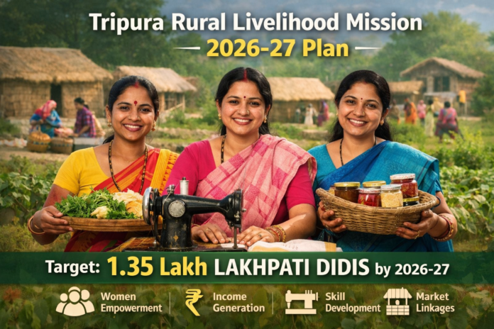 Tripura Rural Livelihood Mission 2026–27 plan showcasing women working toward 1.35 lakh Lakhpati Didis through livelihood activities
