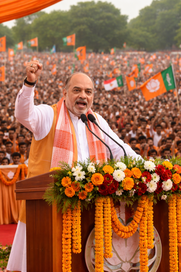 Amit Shah addressing a massive rally in Assam urging voters to re-elect BJP to end infiltration