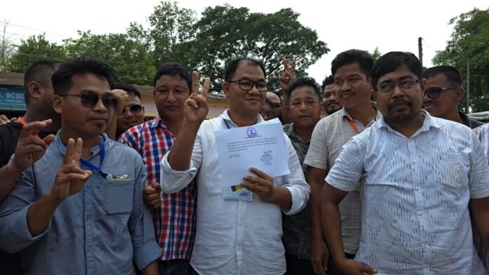 Supporters celebrate Tipra Motha electoral success after TTAADC council election results in Tripura