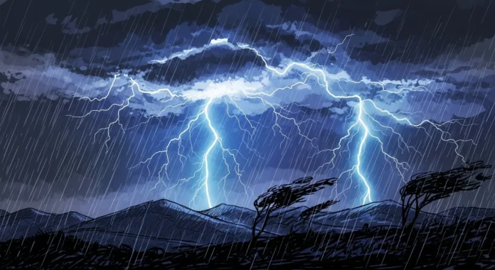 Dark storm clouds and heavy rainfall conditions across Nagaland during a weather advisory period