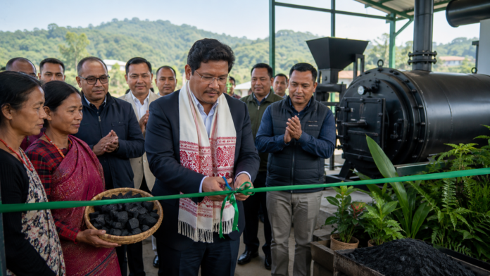 Meghalaya Chief Minister Conrad Sangma inaugurating community-focused biochar plant in Ri Bhoi district