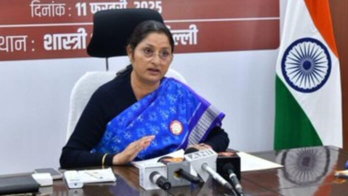Government officials reviewing welfare scheme proposals including Ayushman Bharat and Annapurna Bhandar during policy discussions