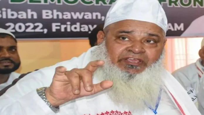 AIUDF chief Badruddin Ajmal addressing supporters after Binakandi election victory in Assam