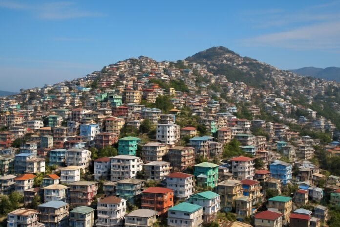 Modern aerial ropeway cabins operating above hillside neighborhoods in Aizawl city, Mizoram