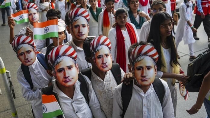 Students attending school assembly during national song observance in West Bengal
