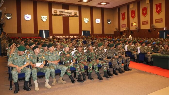 Military personnel from multiple nations participating in PRAGATI 2026 defence exercise in Meghalaya