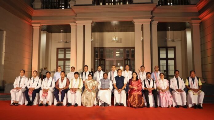Assam Chief Minister Himanta Biswa Sarma with cabinet ministers during the Assam Cabinet Portfolio Allocation announcement.