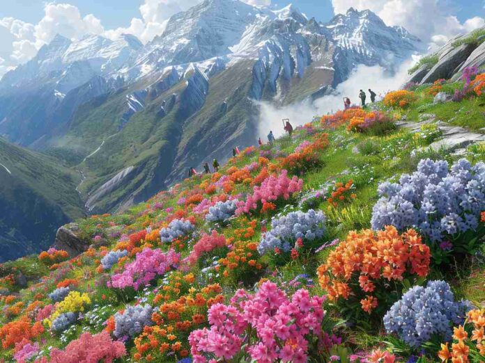 Tourists visiting lush green mountain landscapes and waterfalls in Sikkim during monsoon season with steady visitor flow.