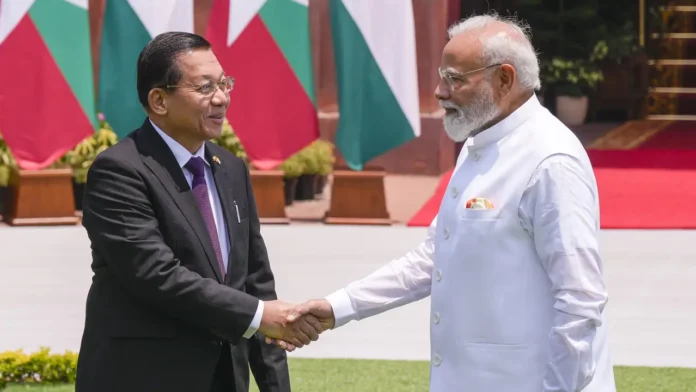 Prime Minister Narendra Modi and Myanmar President Min Aung Hlaing discussing border security under the India Myanmar Security Assurance framework.