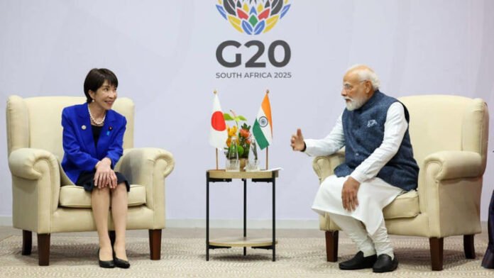 Prime Minister Narendra Modi meets Japanese PM Sanae Takaichi at Johannesburg, South Africa, on November 23, 2025, on the sidelines of the G20 Summit