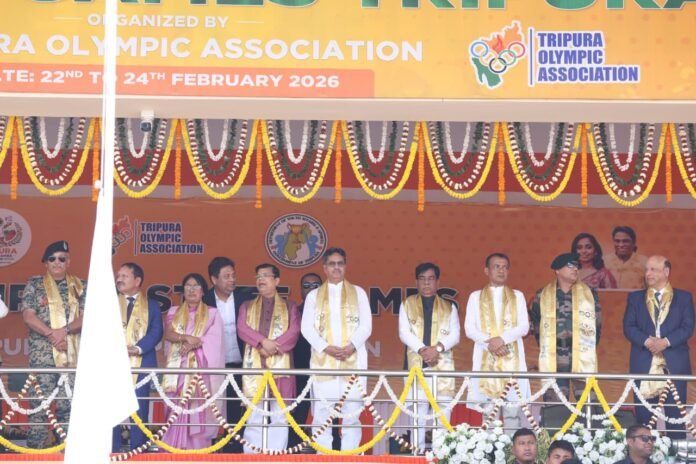 Athletes from different districts participating in various events during the Tripura State Games organized by the Tripura Olympic Association.