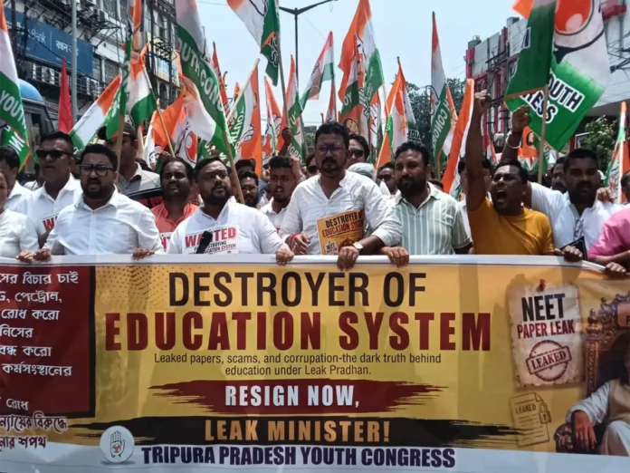 Tripura Youth Congress members submitting a complaint to the Tripura Human Rights Commission over allegations arising from a previous NEET paper leak protest in Agartala.
