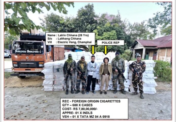 Assam Rifles personnel display seized foreign cigarettes and recovered opium following separate anti-smuggling operations in Mizoram and Manipur.