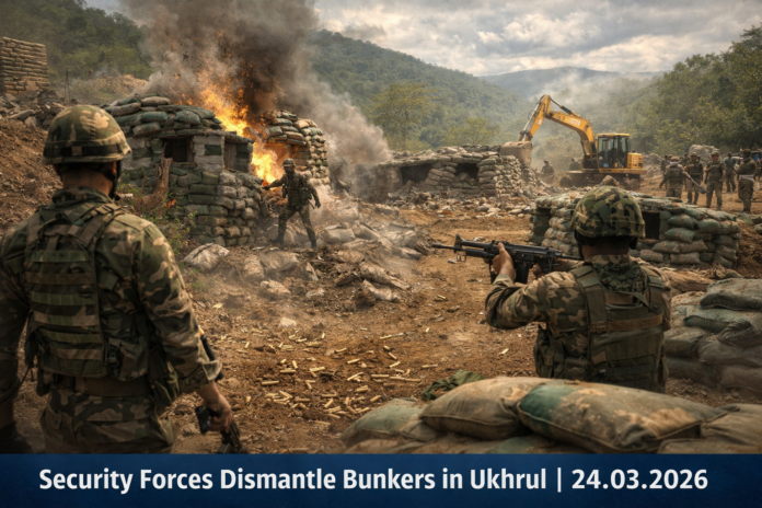 Security personnel conducting an anti-insurgency operation in Ukhrul district and dismantling outposts while recovering arms from fringe anti-social elements.