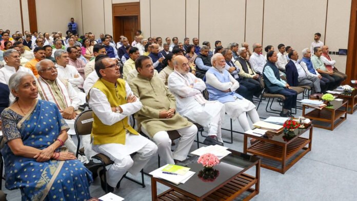 Governors, chief ministers, and central leaders discussing the North East Vision Plan 2047 during a high-level meeting.