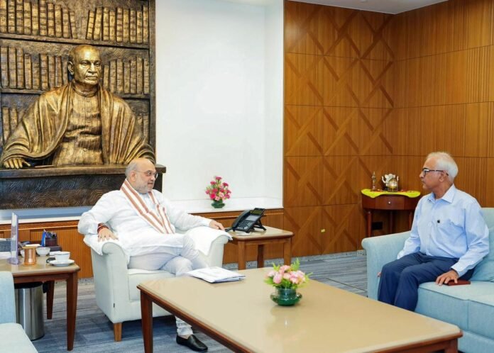 Union Home Minister Amit Shah meeting Manipur Governor Ajay Kumar Bhalla in New Delhi to review security arrangements and military deployments.