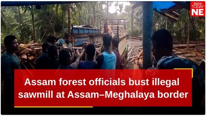 Forest officials inspect and seal unlicensed sawmill facility during enforcement operation in Meghalaya