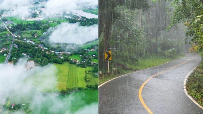 Dark monsoon clouds and heavy rainfall conditions during the Assam Meghalaya Rainfall Alert issued by the IMD.