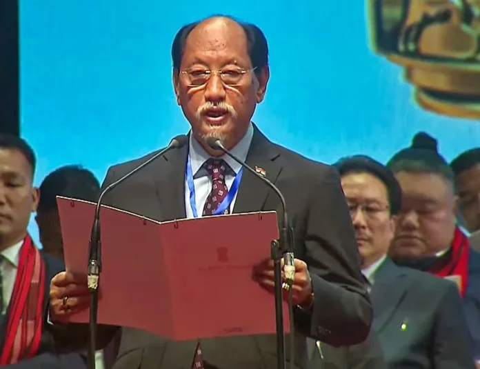 Nagaland Chief Minister Neiphiu Rio administering oath to newly appointed state advisors in Kohima.