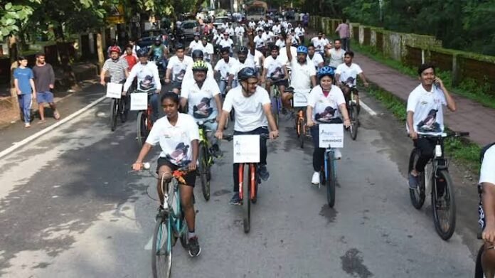 Young cyclists and regional athletes participating in Cyclothon 2026 at Tripura University under the Agartala Khel Mahotsav.