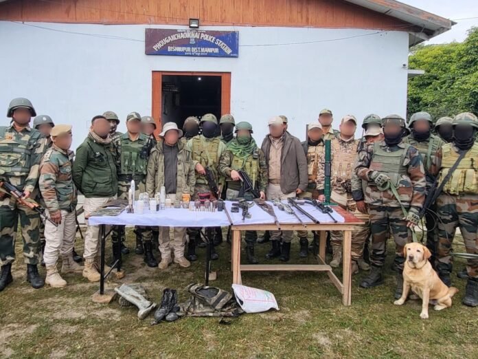 Army and Assam Rifles personnel conducting a joint security operation near Molphei and Songkong villages following an encounter with a suspected militant.