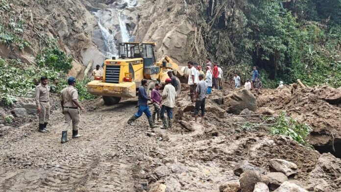 Floodwaters and landslide debris disrupt roads and settlements in Arunachal Pradesh's Lower Siang district following heavy monsoon rainfall.
