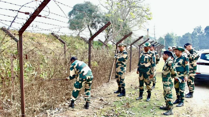 Security personnel conducting anti-infiltration operations near Agartala during intensified border surveillance activities.