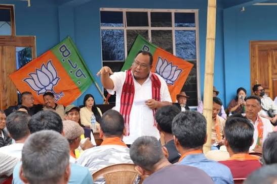 Political leaders address the media following a dispute over protests during the Behdienkhlam tribal religious festival in Meghalaya.