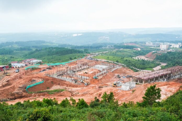 Construction work progresses at a sports infrastructure site in Meghalaya under the ₹600 crore budget approved for the 39th National Games.