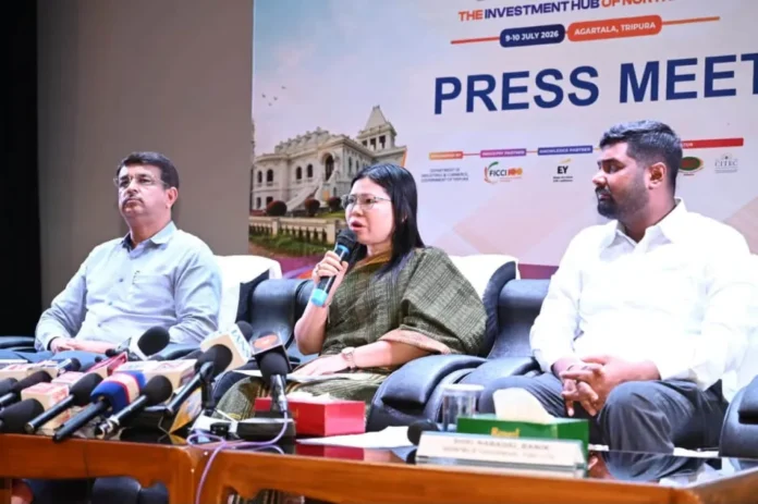 Delegates and business leaders gather at the International Fair Ground in Hapania, Agartala, during the Destination Tripura Business Conclave 2026.