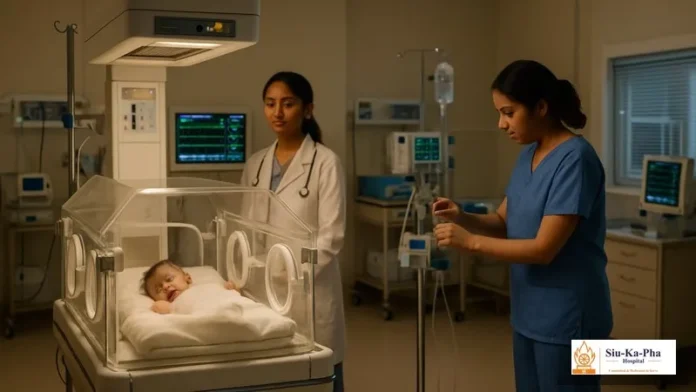 Healthcare professionals caring for newborns in a neonatal care unit at a hospital in Assam's Barak Valley.
