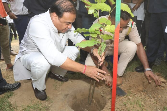 Chief Minister Himanta Biswa Sarma planting a sapling during the launch of the statewide Van Mahotsav afforestation campaign in Assam.
