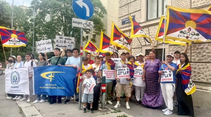 Members of the Tibetan community participate in a peaceful protest in Gangtok against China's Ethnic Unity and Progress Law.