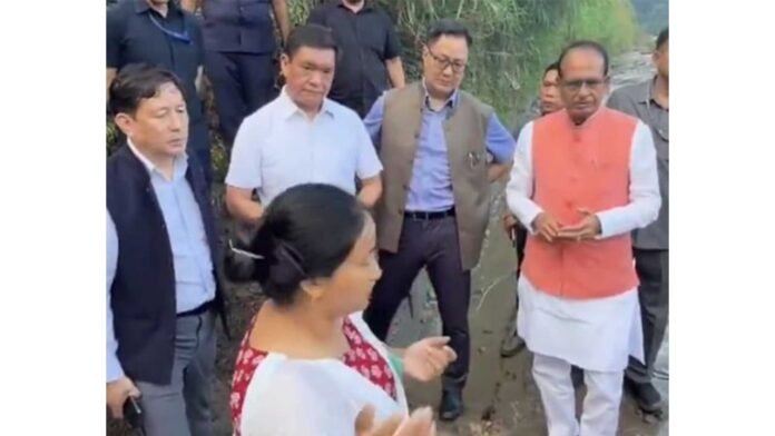Union Ministers Kiren Rijiju and Shivraj Singh Chouhan accompanying Chief Minister Pema Khandu during an aerial survey of flood and landslide-affected mountain regions in Arunachal Pradesh.