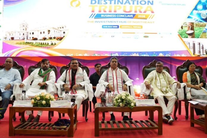 Government officials and business leaders gather at the Destination Tripura Business Conclave 2026 to discuss investment and industrial opportunities in the state.