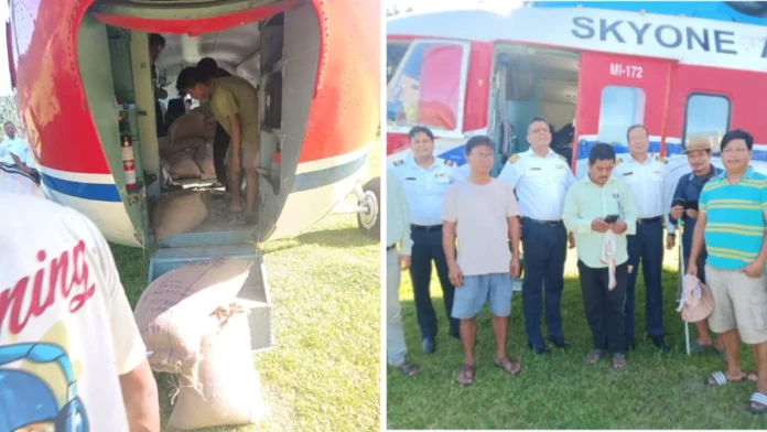 An Indian Air Force helicopter rescues stranded residents and delivers relief supplies in flood-affected areas of Arunachal Pradesh during the monsoon season.