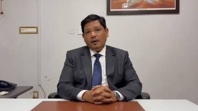 Meghalaya Chief Minister Conrad K. Sangma addresses a public gathering while speaking on uranium mining policy.