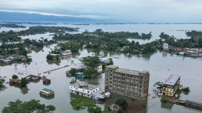 Flood-affected areas in Northeast India amid ongoing political debate over long-term flood mitigation and disaster management policies.
