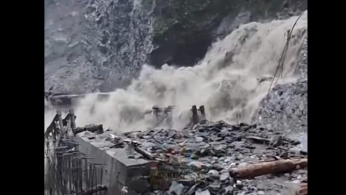 The destroyed Bailey bridge over the Phee Khola in North Sikkim after torrential rains severed connectivity to the Dzongu region.