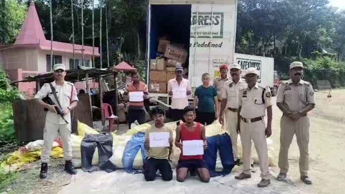 Border police inspect a commercial vehicle near Churaibari after intercepting an alleged consignment of synthetic syrup during an anti-smuggling operation.