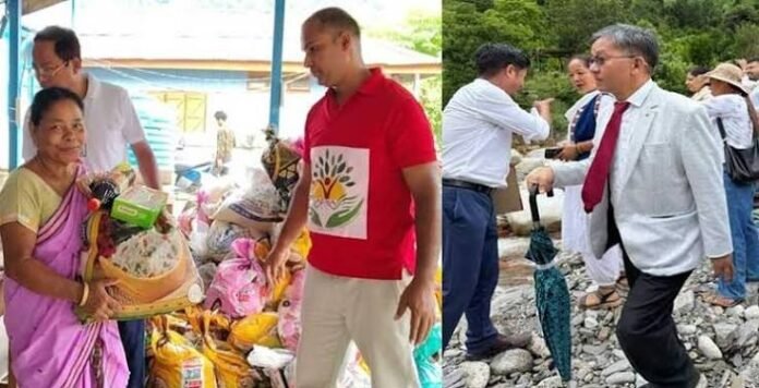 Volunteers distributing relief materials to flood-affected families in Arunachal Pradesh under the Yachuli MLA relief fund initiative.
