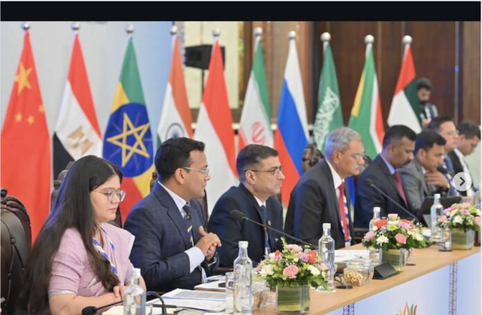 International delegates discussing anti-drug strategies and cybercrime enforcement at the BRICS summit in Guwahati.